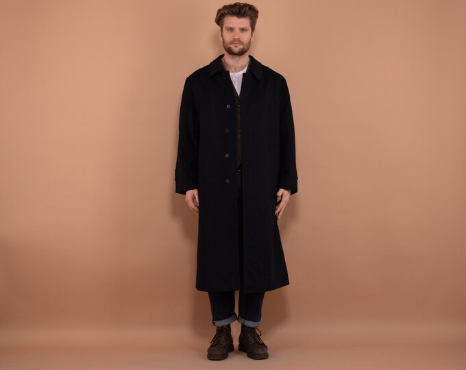 Men Wool Blend Maxi Coat 80's, Size L Large, Vintage Loden Wool Coat, Classic Mens Clothing, Navy Blue Long Spring Coat, Elegant Outerwear