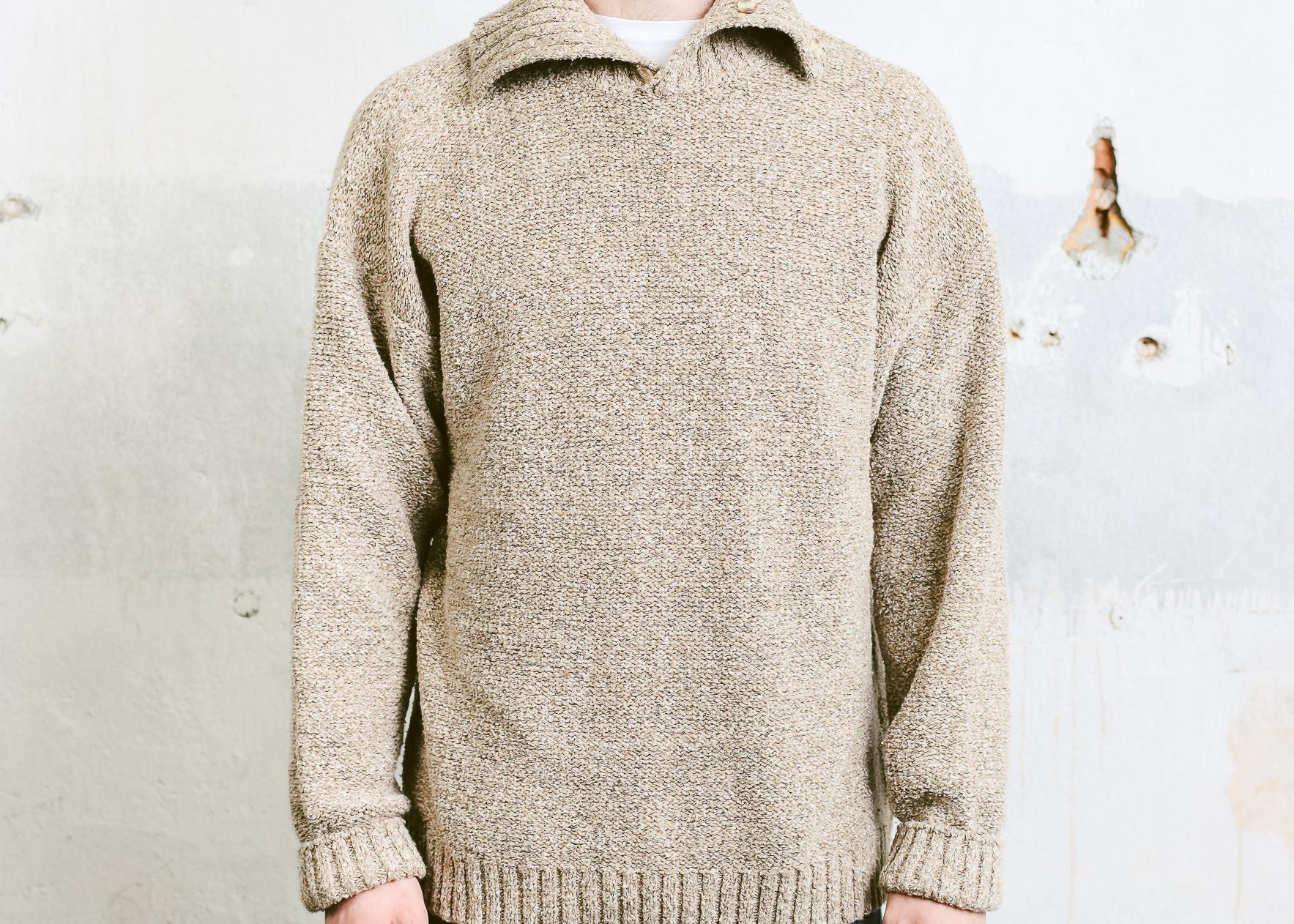 Beige Shawl Collar Sweater . Vintage 1990s High Neck Cotton Blend Warm