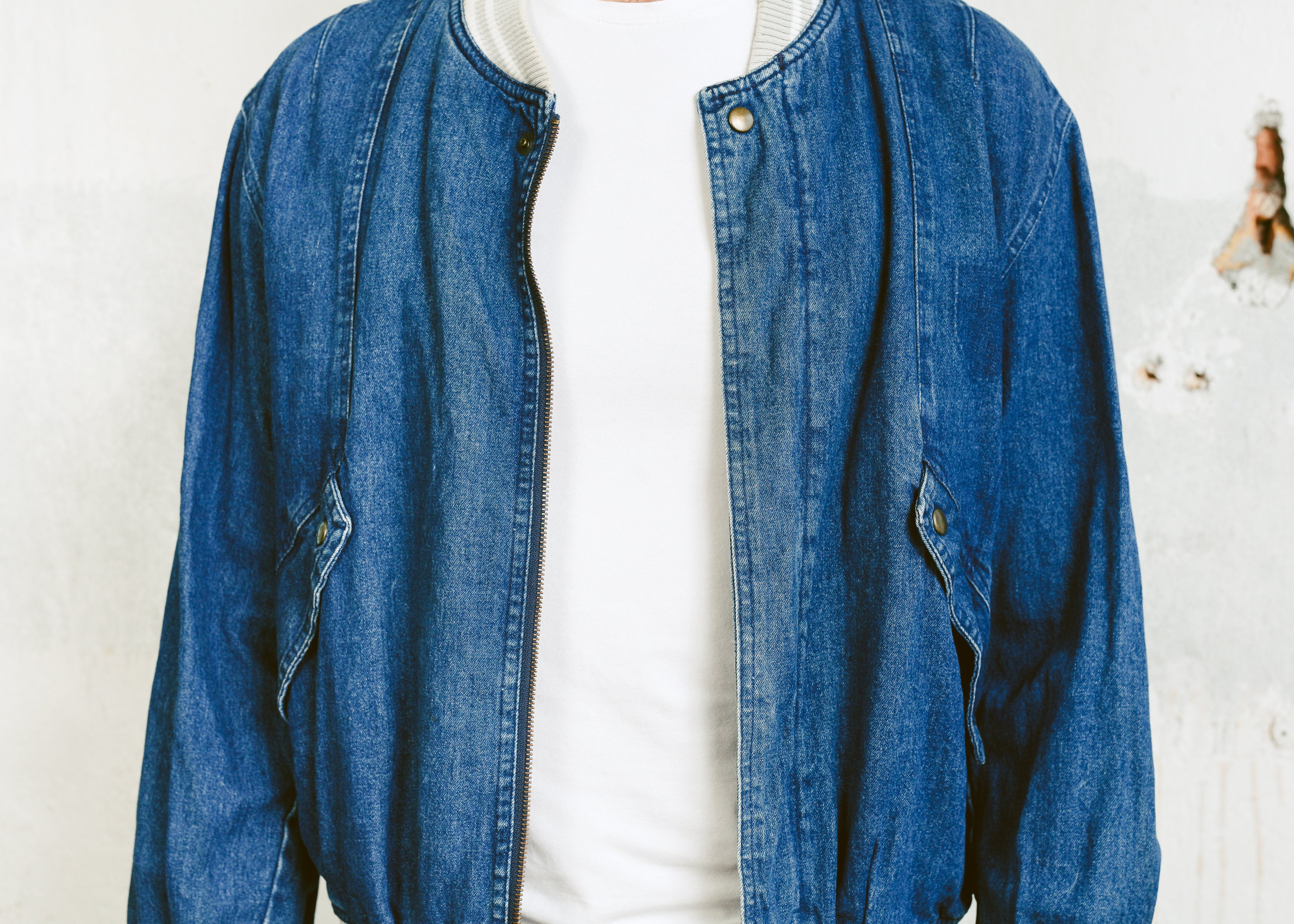 Jeans Bomber Jacket . Mens Vintage Denim Jacket Zip Up Jacket Blue 80s