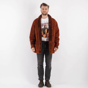 90&#39;s Men Brown Sheepskin Coat, Size L Vintage Shearling Coat, Retro Leather Coat, Yellowstone Style, Rugged Western Ranch Coat, Americana