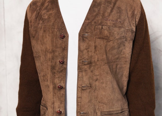 Vintage Men Jacket knitted cardigan suede front cardigan argyle print sweater rockabilly vintage green men/'s aviator jacket size large