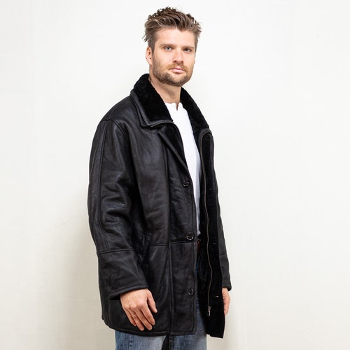Men Shearl Coat vintage 90's black sheepskin leather sheepskin overcoat cowboy redemption retro vintage men fashion size extra large shops XL