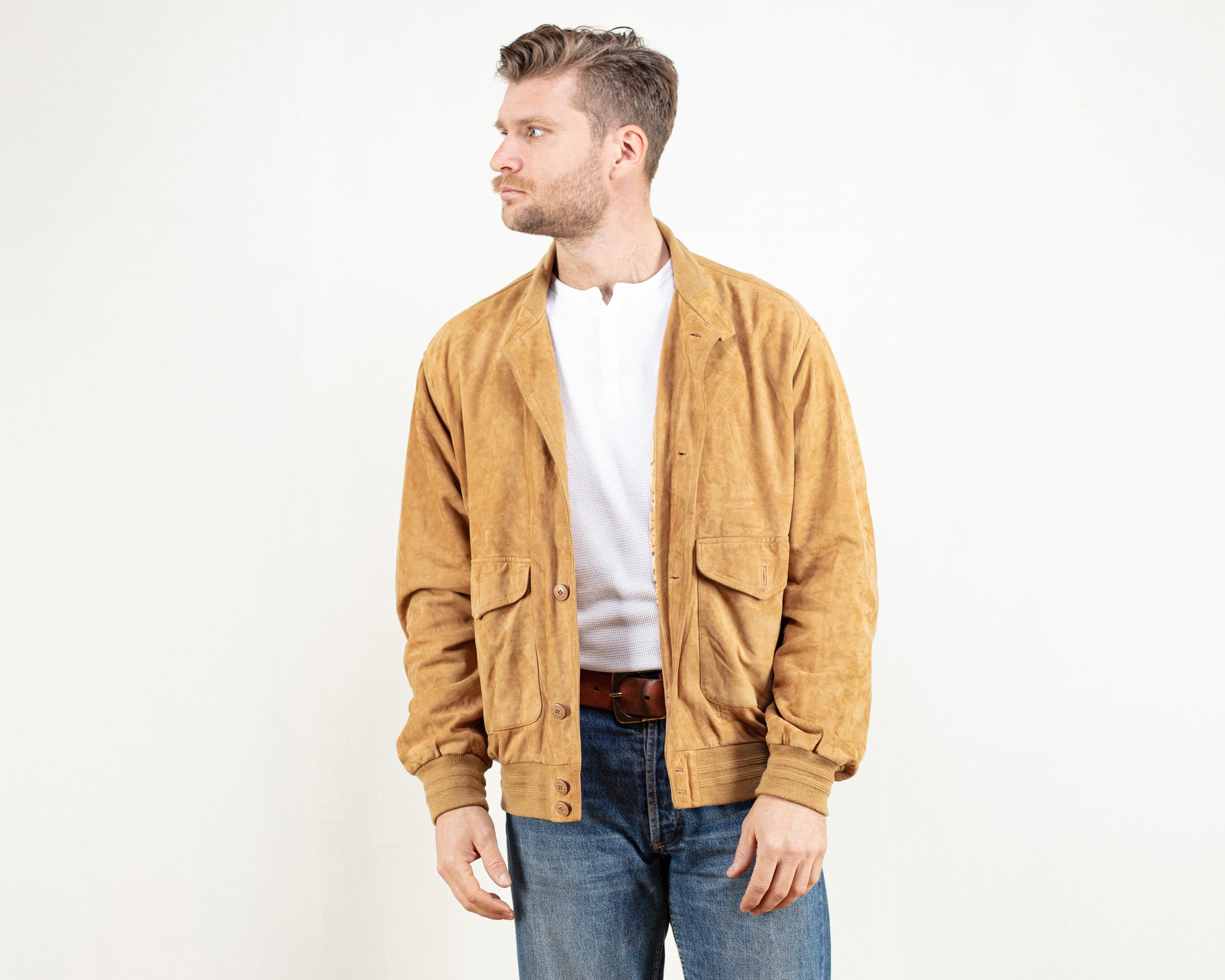 Men Suede Bomber Jacket Vintage 80's 