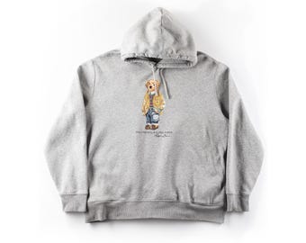Sudadera con capucha Ralph Lauren Polo Bear vintage de los años 2000, gris, para hombre, talla XXL, de algodón. Sudadera con capucha RL Bear, artículo de colección raro.