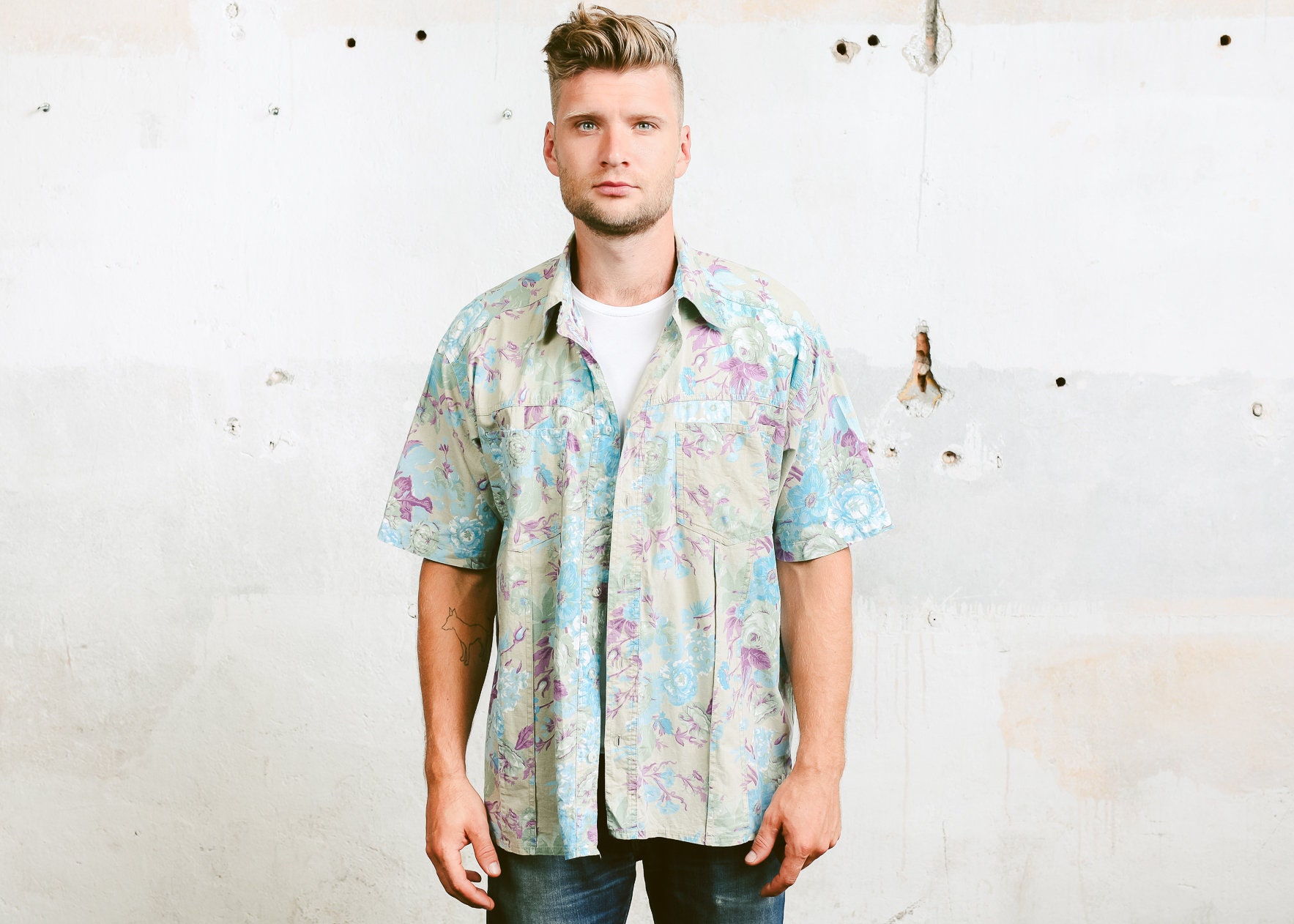 Men 80s Floral Shirt . Vintage Flower 