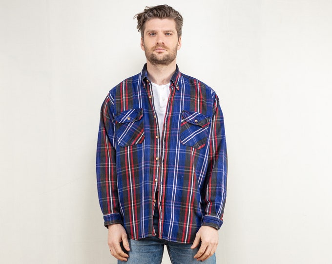 Thick Flannel Shirt 80s plaid men vintage blue shirt button-down cotton lumberjack style long sleeve grunge western size extra large XL