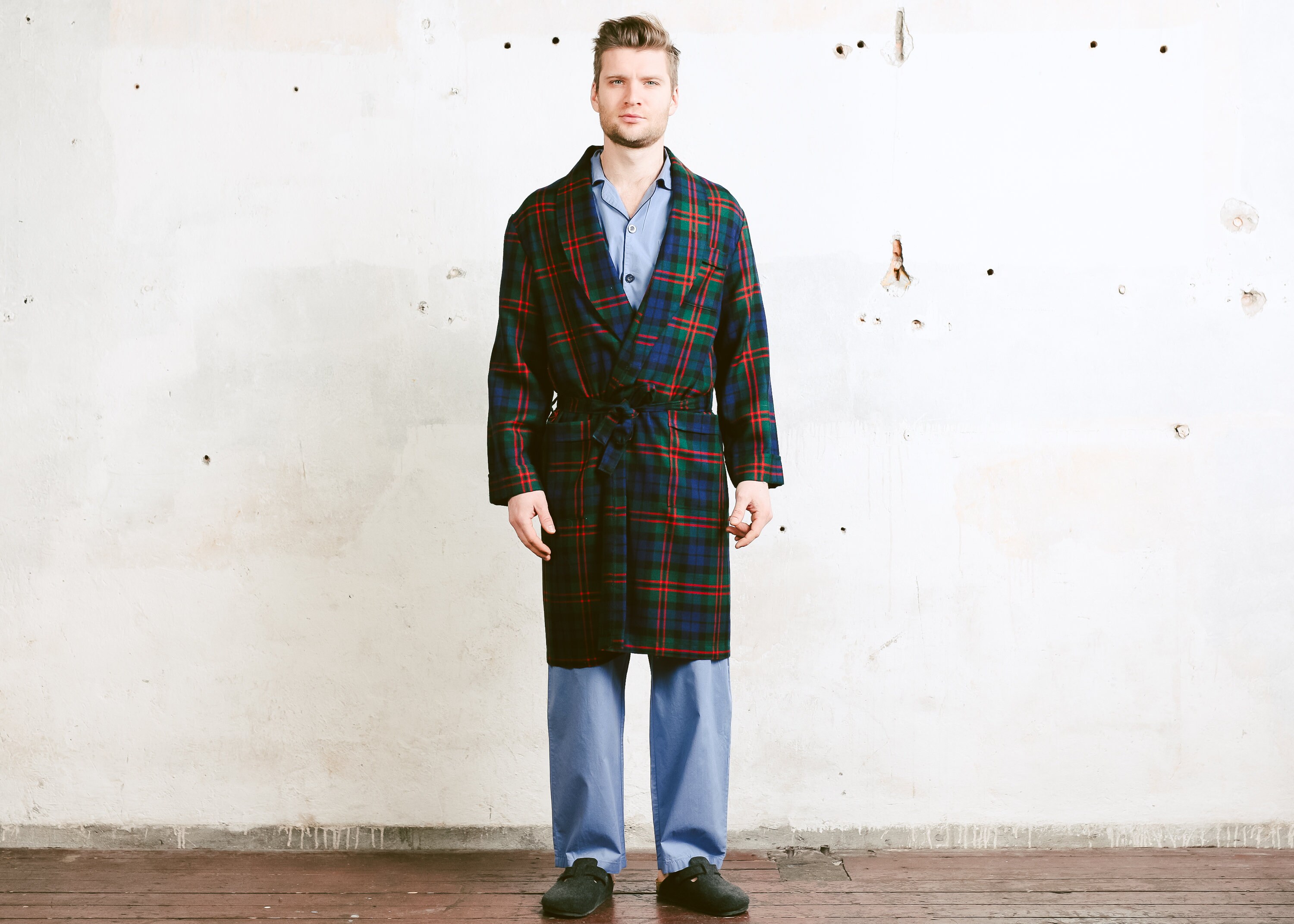 Vintage Men Morning Robe . 80s Plaid Swim Robe Patterned Lounge Jacket