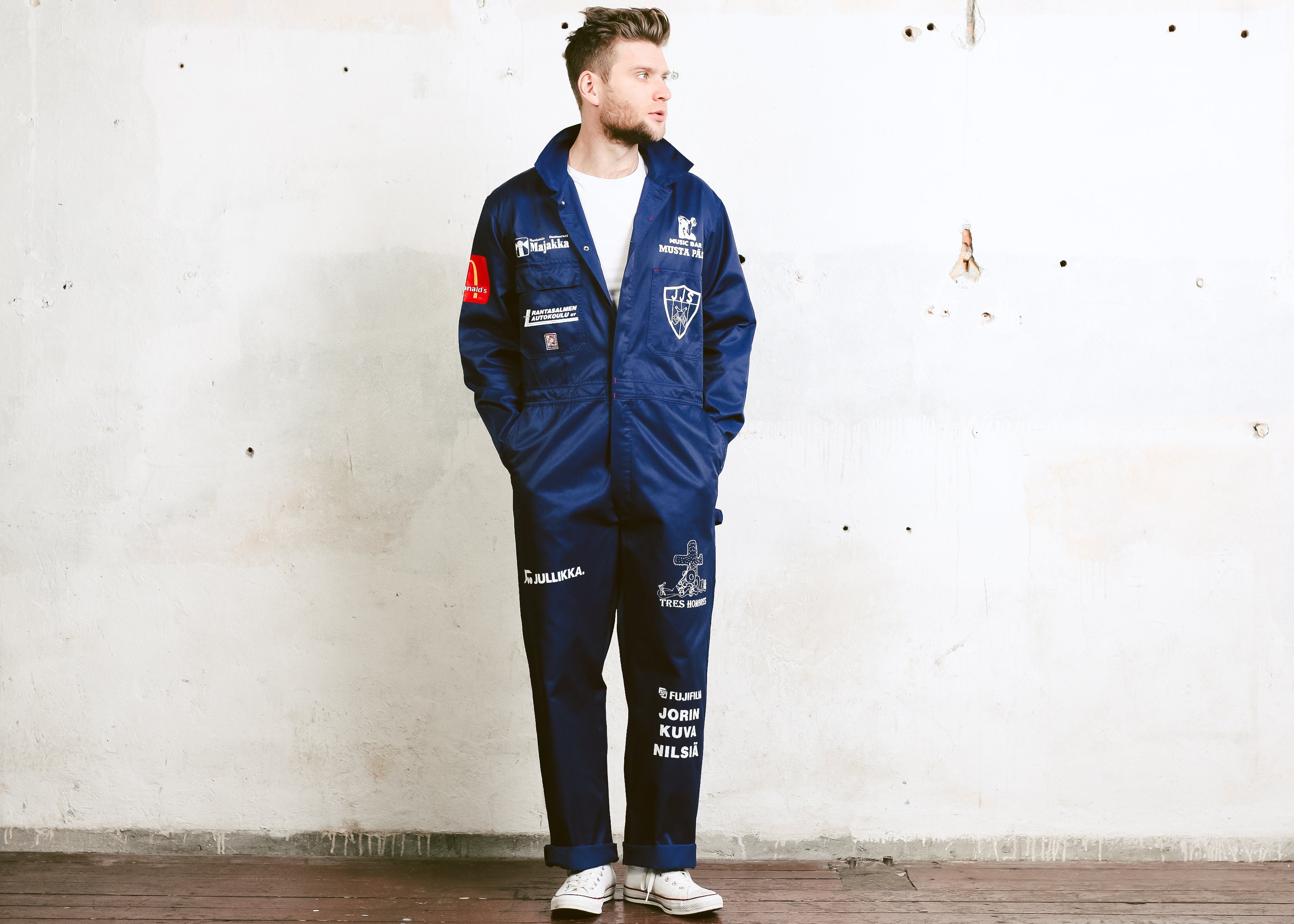 Vintage 90s Car Mechanic OVERALLS . Men's Jumpsuit Blue Racing Overalls
