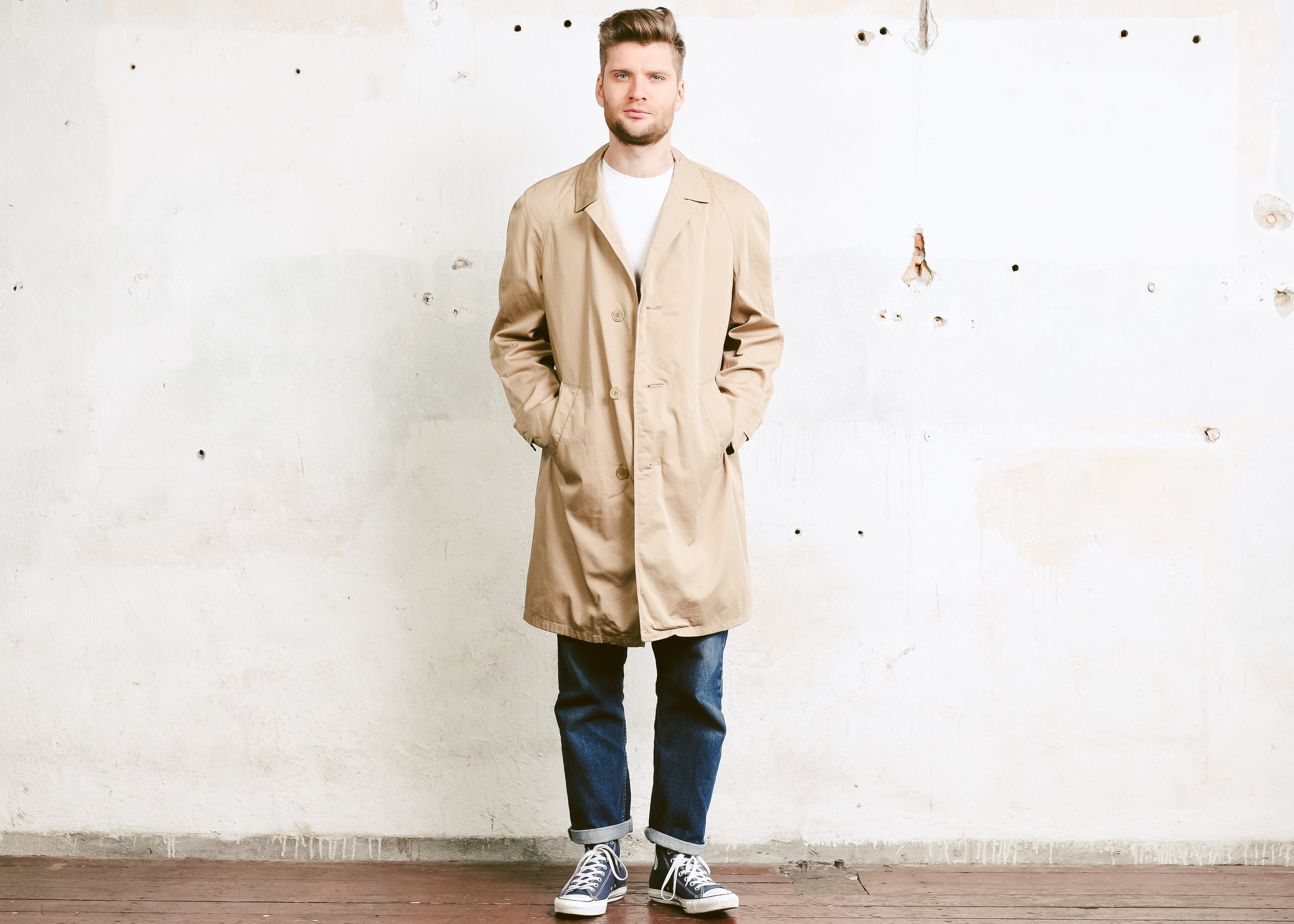 Beige 80s Canvas Coat . Vintage 1980s Cotton Coat Men Outerwear Long ...