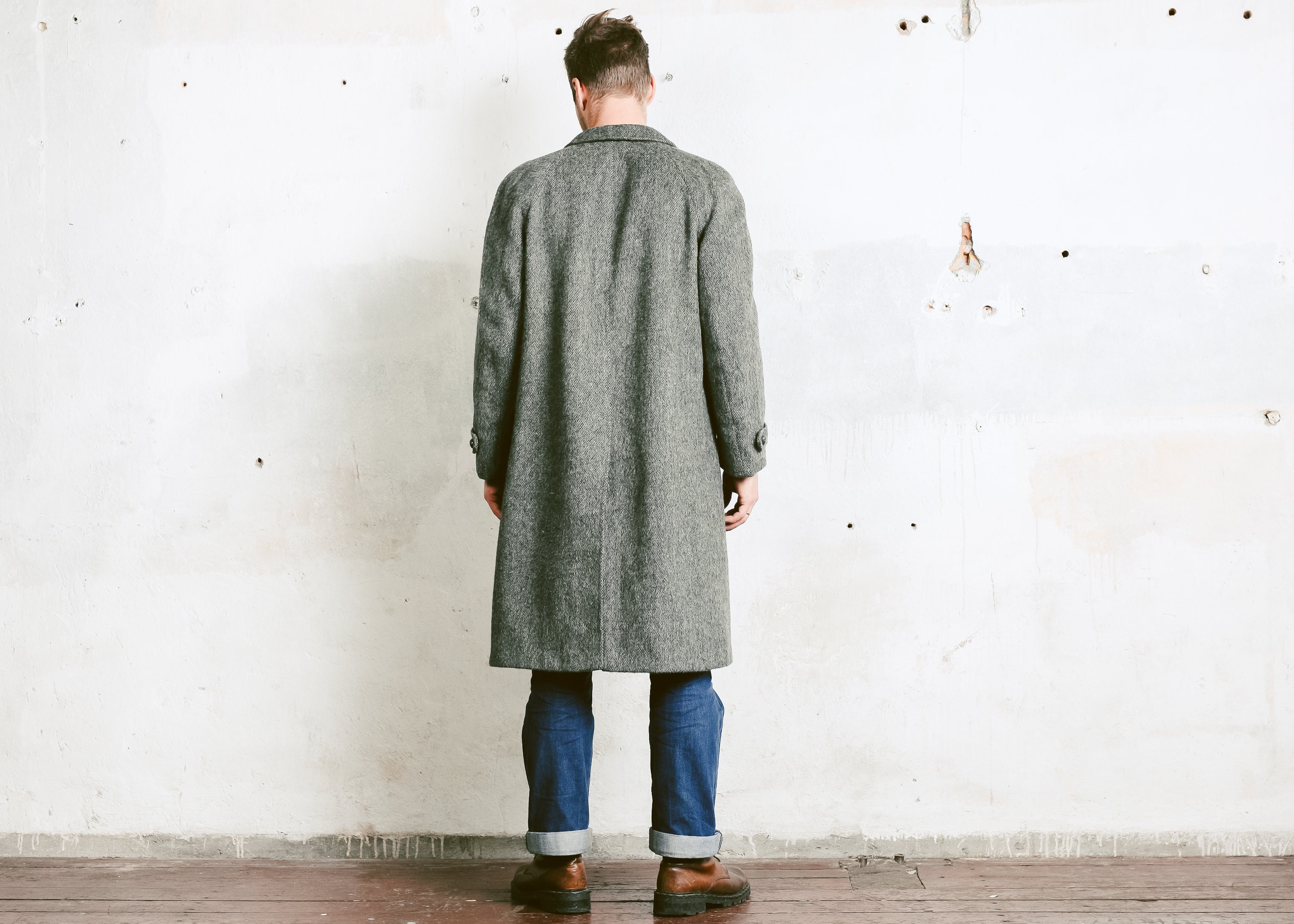 Men 70s Tweed Wool Overcoat . Vintage Mohair Winter Coat 1970s Grey ...