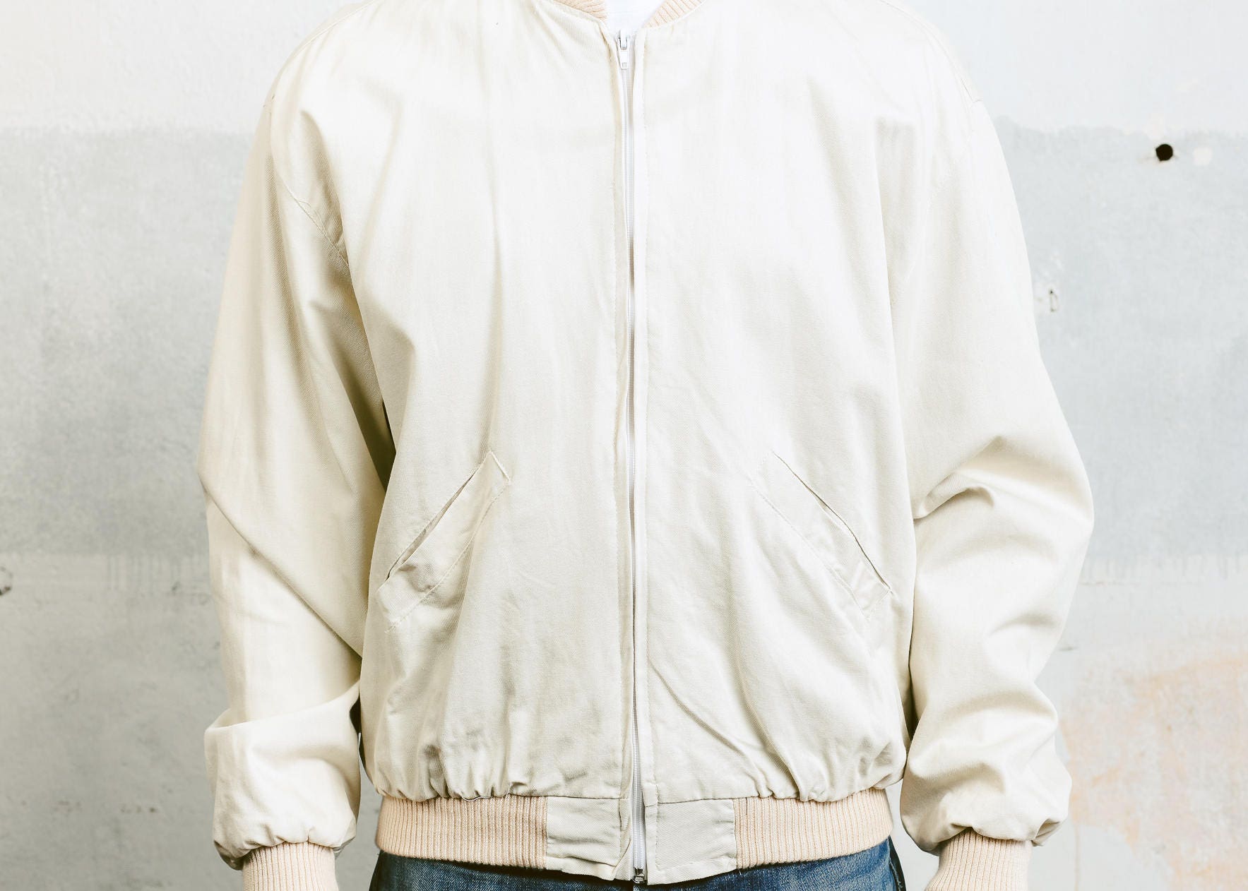 Beige Bomber Jacket . Men's Coat Vintage 80s Jacket Outerwear Flight ...