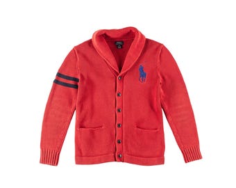 Vintage Ralph Lauren Shawl Collar Cardigan Red Big Pony Sweater Small Cotton Preppy Ivy League Knit 2000s RL Youth XL