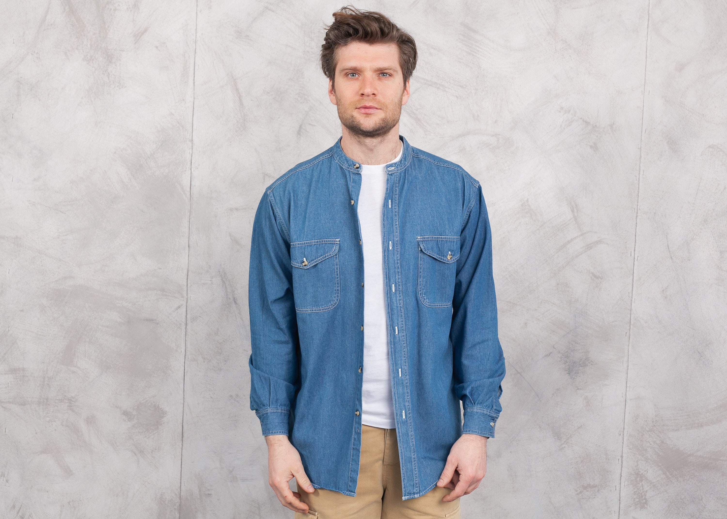 band collar denim shirt