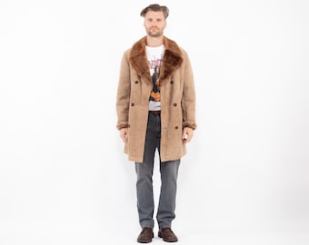 70er Vintage Schaffell Shearling Mantel, Western Ranch Wear, Herrengröße L