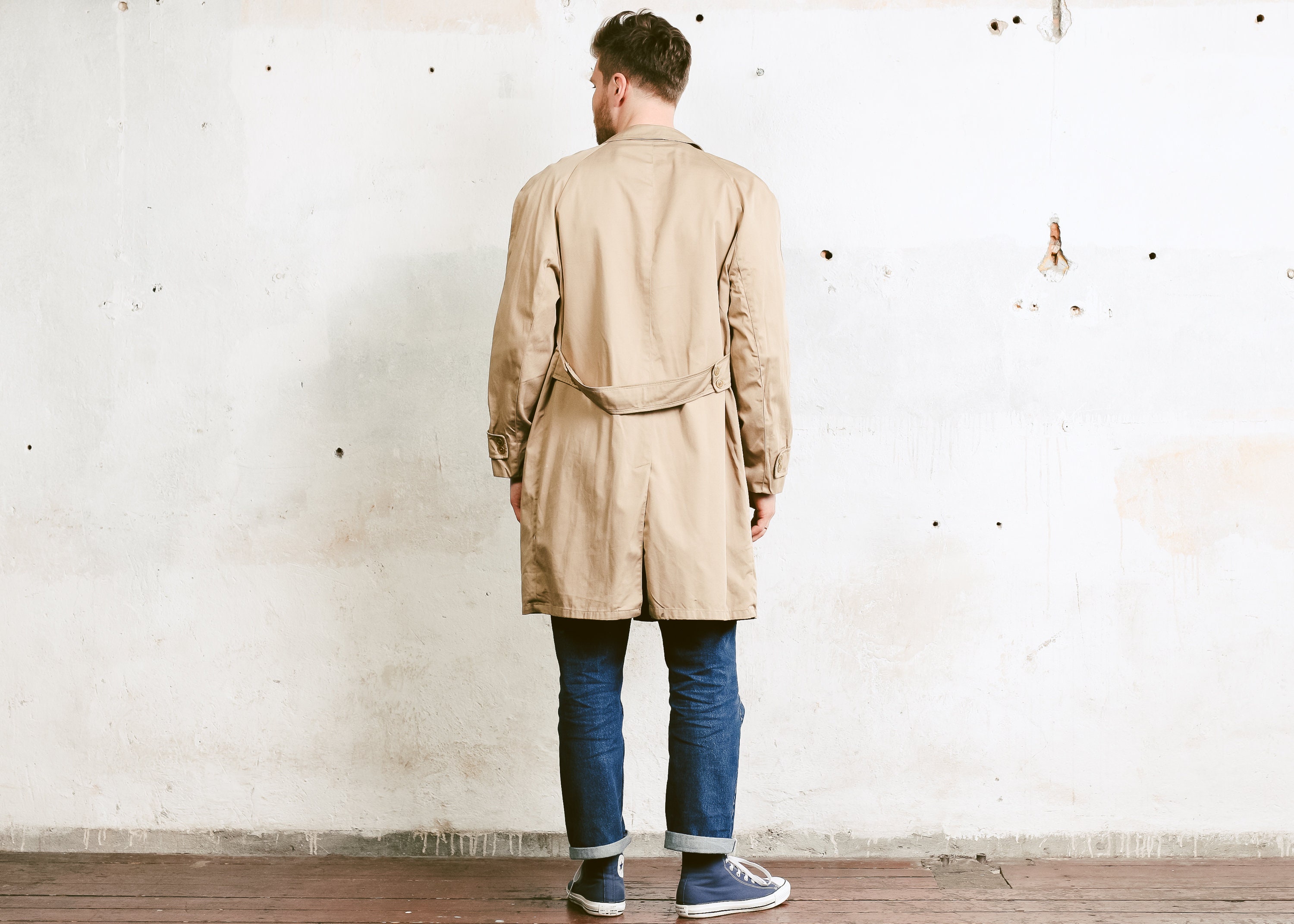 Beige 80s Canvas Coat . Vintage 1980s Cotton Coat Men Outerwear Long ...