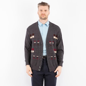 90s Patterned Men&#39;s Cardigan, Men Size L Large Cardigan, Cozy Wear, Vintage Wool Jacket, Retro Knitwear, Vintage Boho, Old Money Style