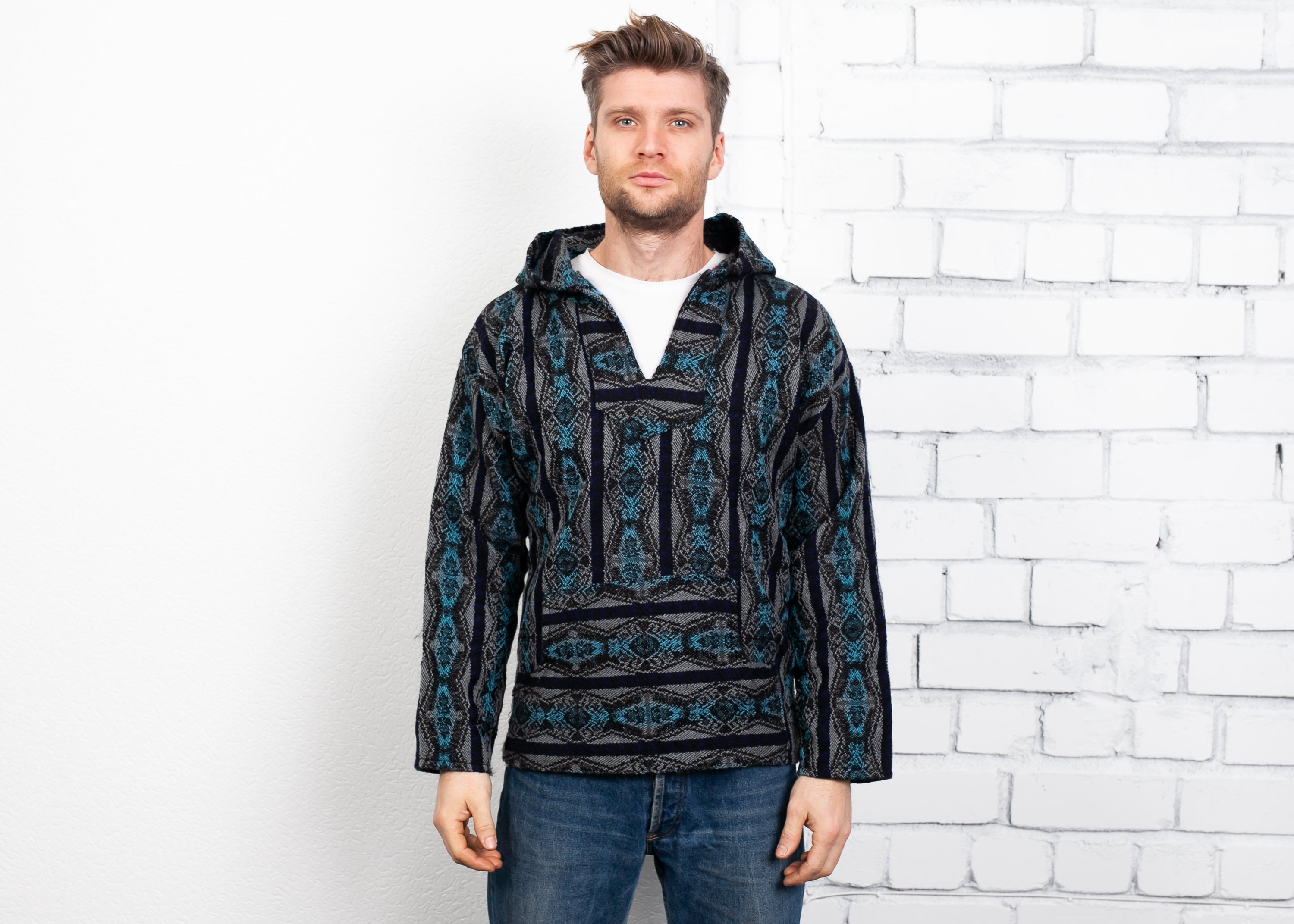 Aztec Print Anorak Sweater . Vintage Men's 90s Men's Hippie Jacket