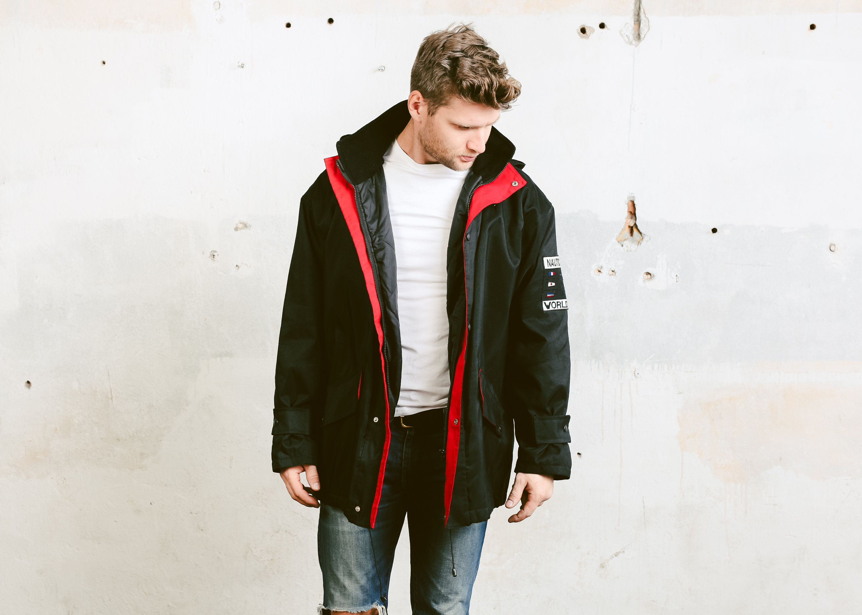 Men's Black Rain Coat . Vintage 90s Sailing Yachting Jacket Insulated