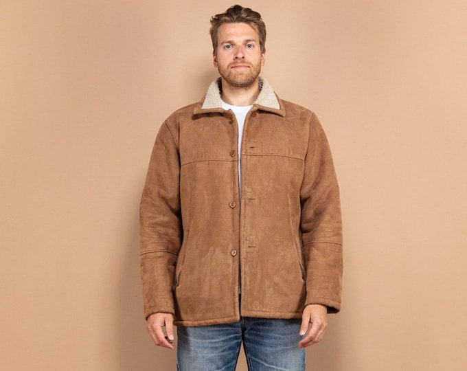 Vintage Suede Jacket, Sherpa Jacket, Size Large XL, Mens Clothing 90's, Brown Suede Jacket, Faux Sheepskin Jacket, Winter Outerwear