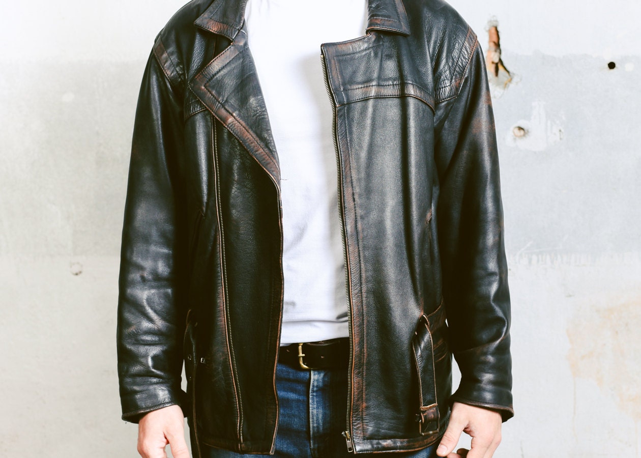 Mens 80s LEATHER Jacket . Vintage Moto Black Motorcycle Biker Wear