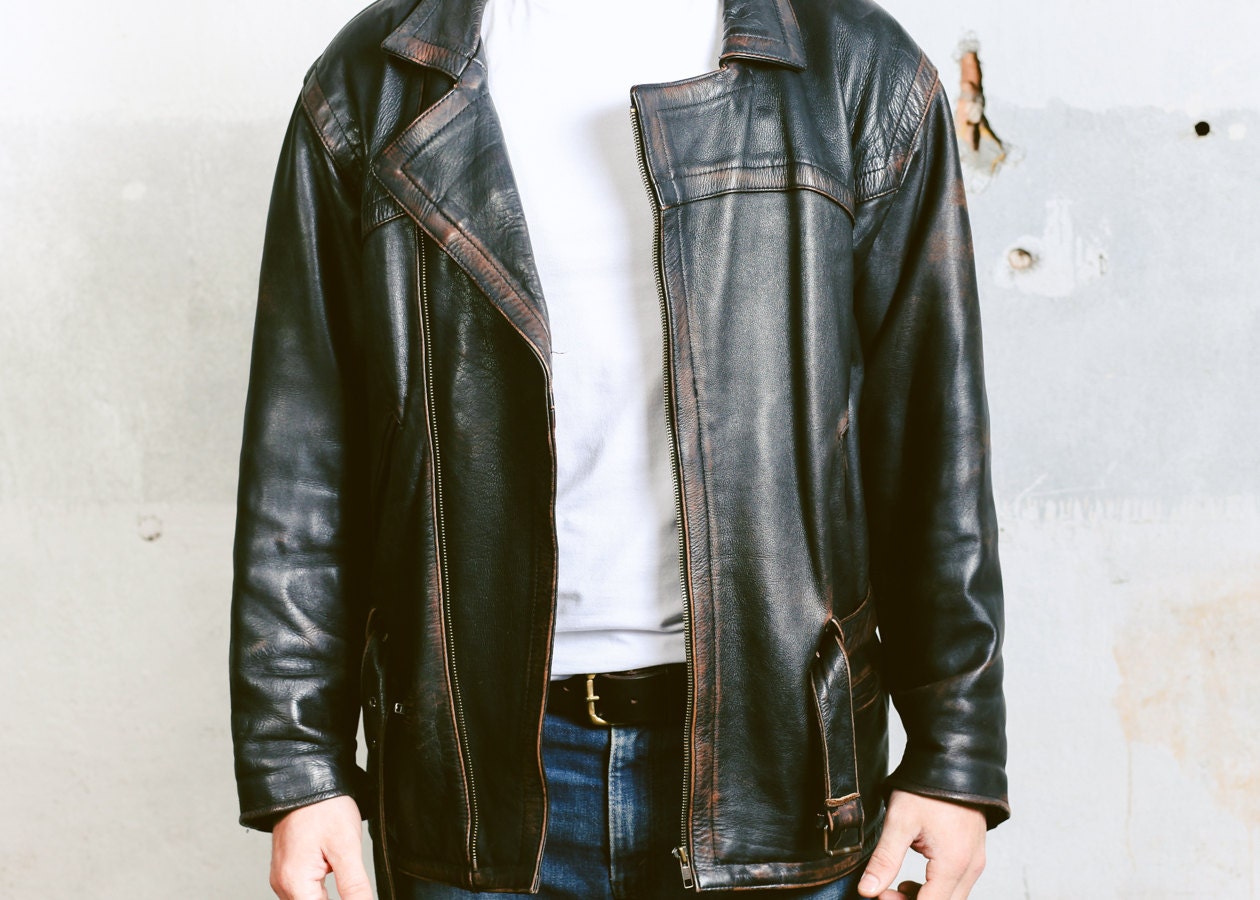 Mens 80s LEATHER Jacket . Vintage Moto Black Motorcycle Biker Wear ...