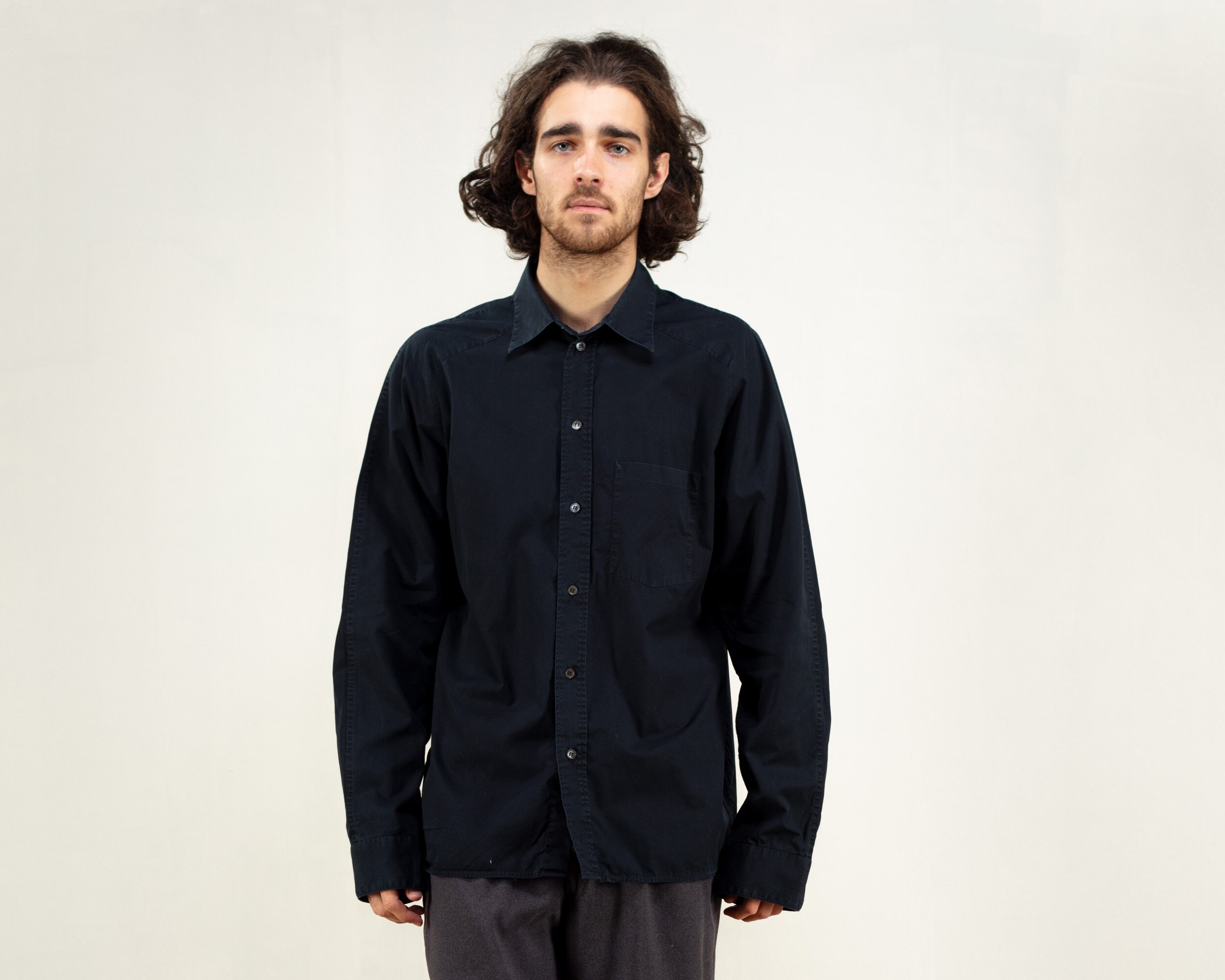 Casual Black Shirt men vintage 80s long 