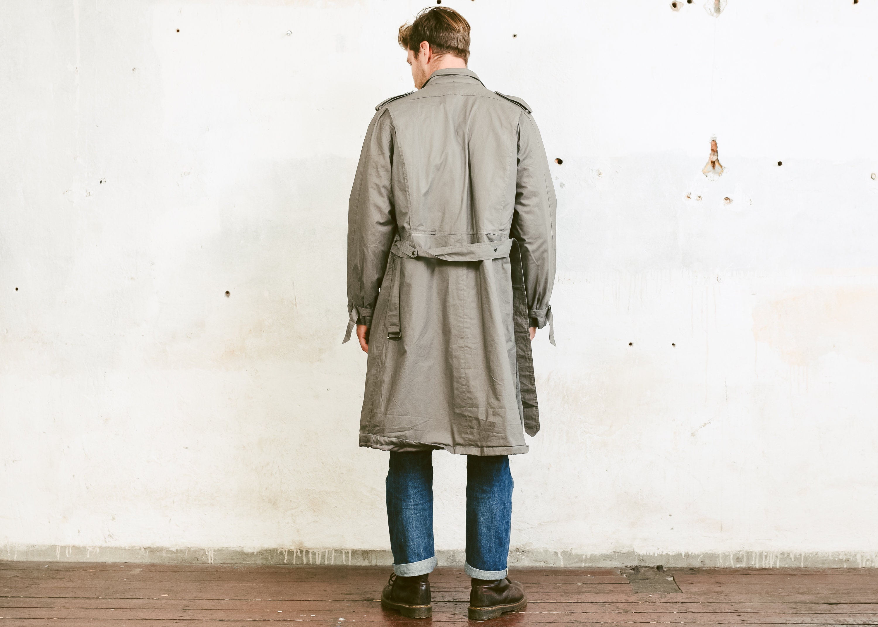 Vintage Cotton Canvas Trench Coat . Men's Grey Long Coat Mac Coat ...