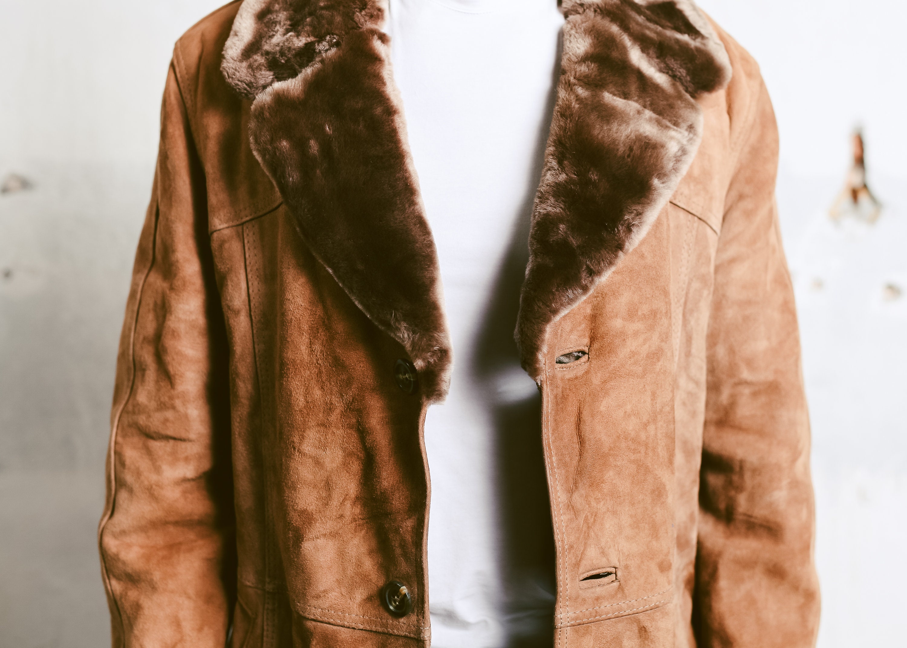 Suede Sheepskin Coat . Mens Vintage 70s Sherpa Coat Winter