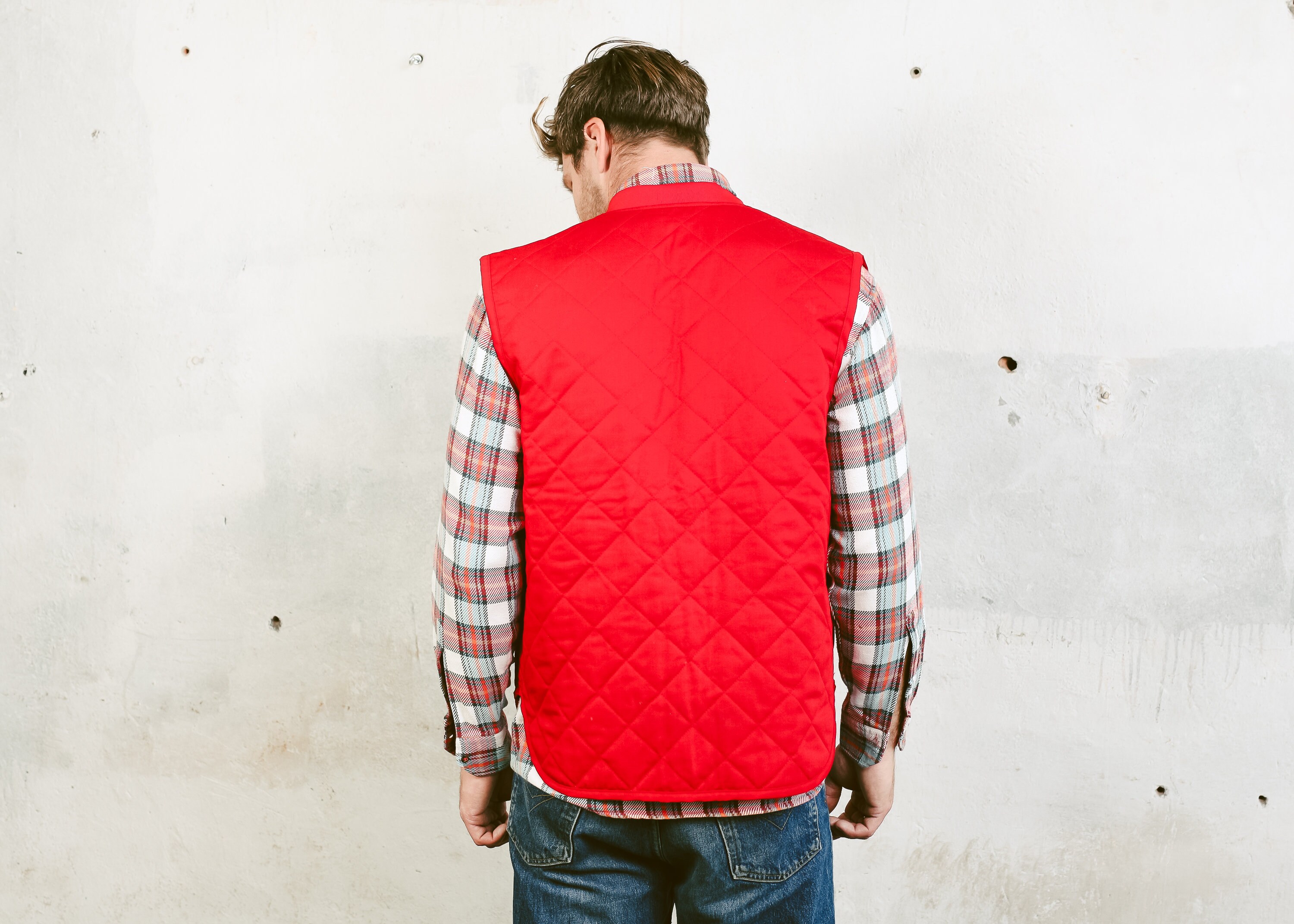 Vintage Red Quilted Vest . Men's Bold Equestrian Snap Button Gilet