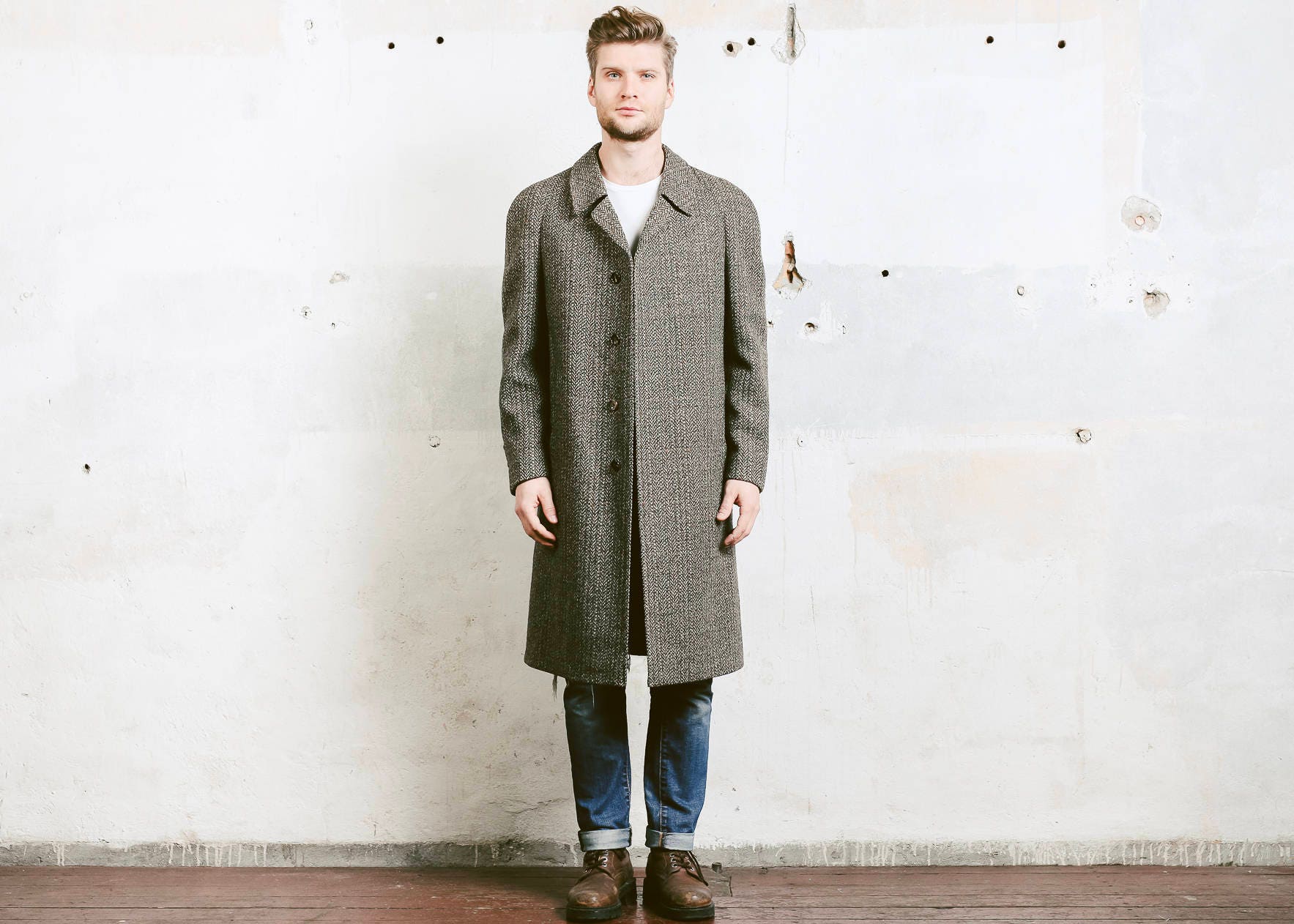 Winter Coat . Men's Wool Overcoat Vintage Brown Herringbone Tweed Coat ...