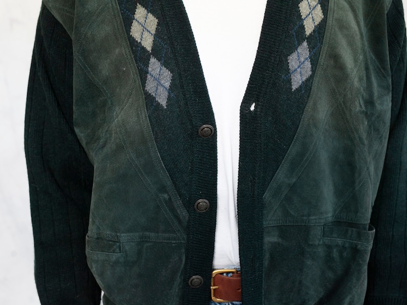 Vintage Men Jacket knitted cardigan suede front cardigan argyle print sweater rockabilly vintage green men/'s aviator jacket size large
