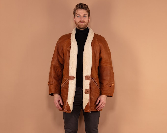 Men 80's Sheepskin Coat, Size Large, Men Sheep Leather Overcoat, Warm Winter Coat, Oversized Brown Coat, Outerwear, Vintage Raglan Coat