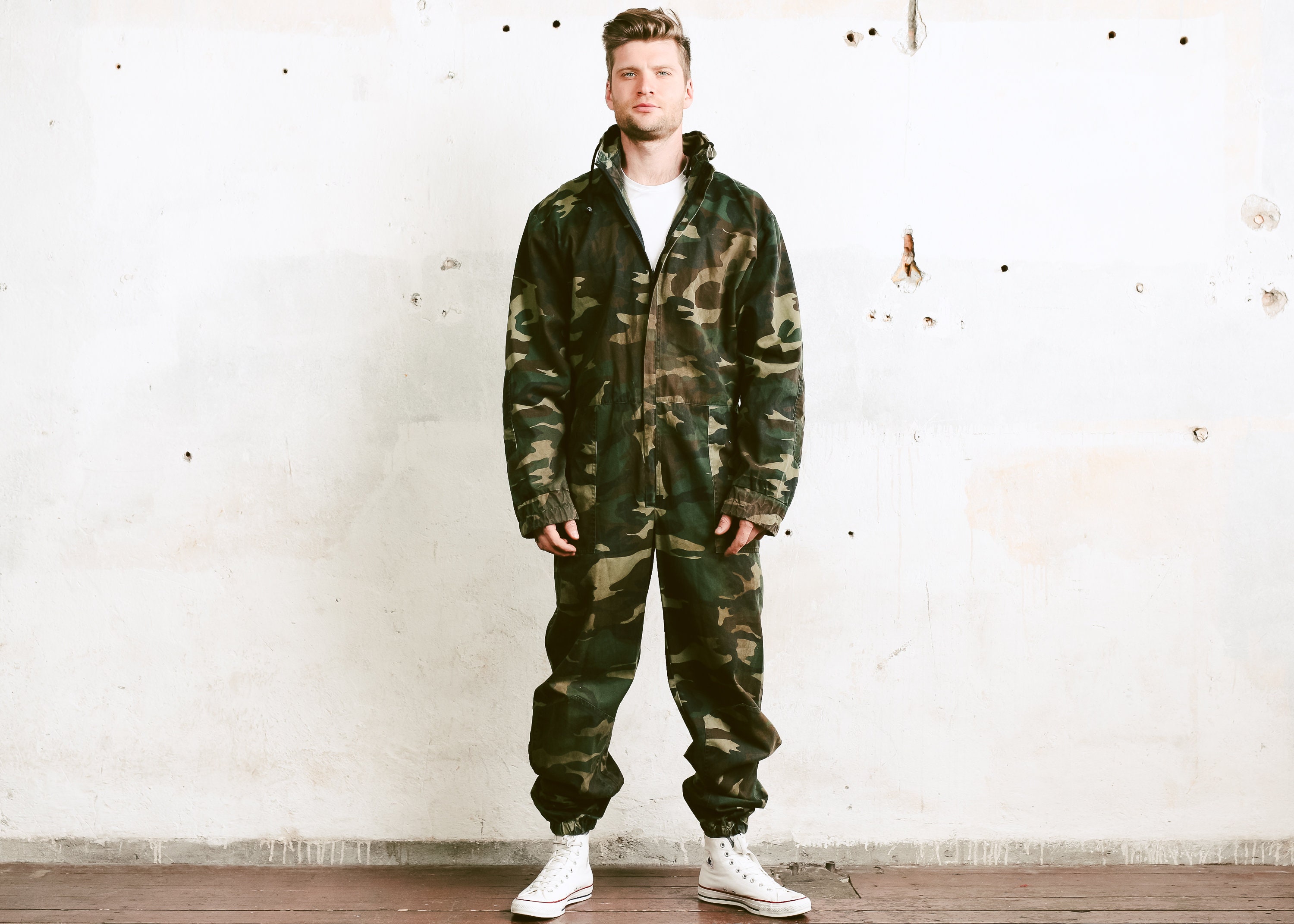 Full Cover Camouflage Jumpsuit . Vintage 70s Military Hooded Coveralls ...