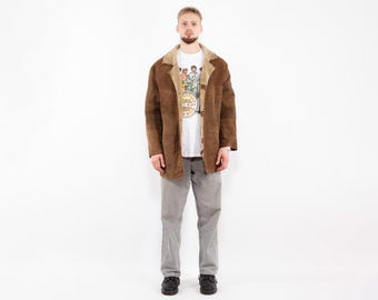 90s Men's Brown Sheepskin Coat - Rustic Shearling Overcoat Size L