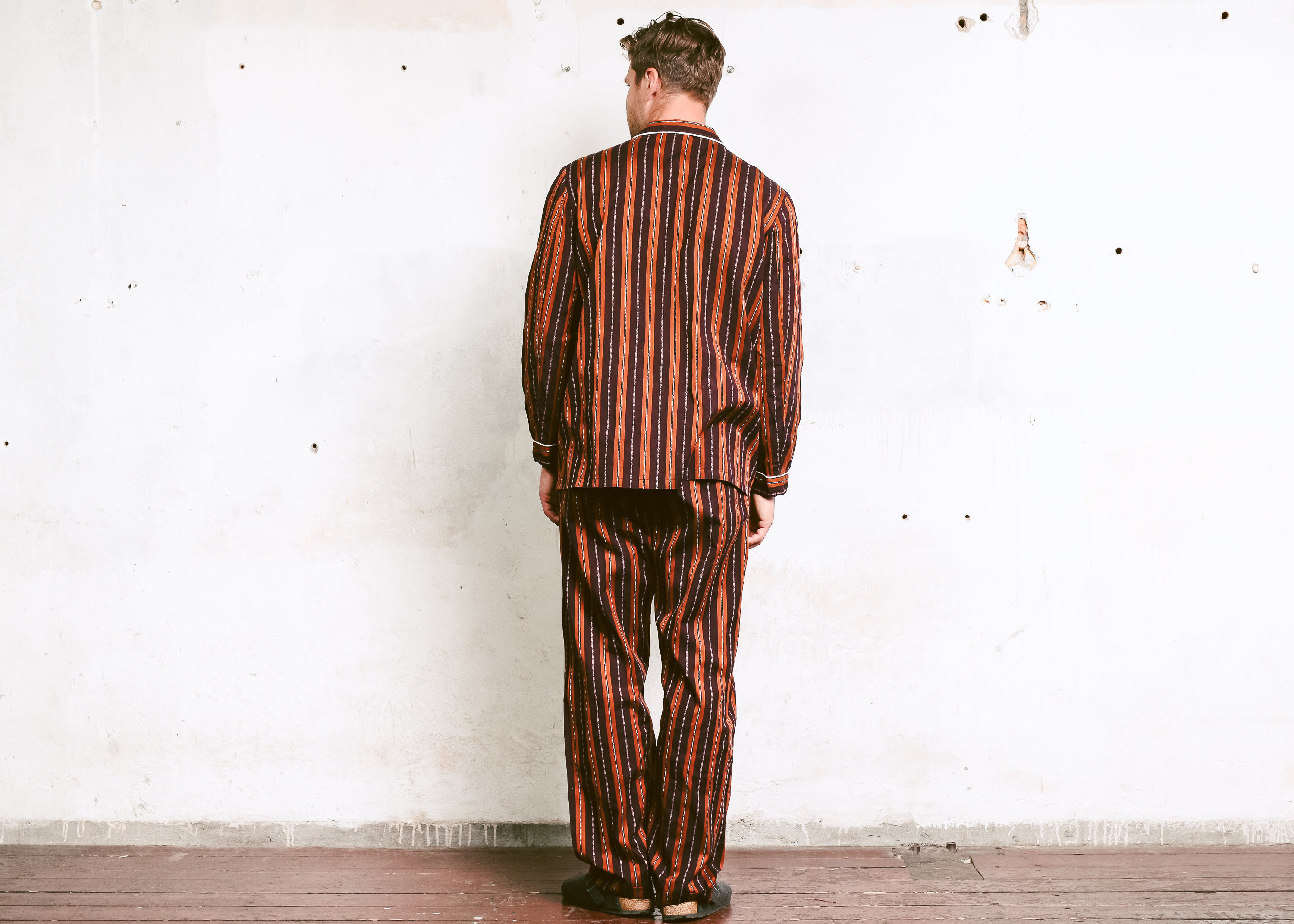 Vintage 70s Mens Striped Pajamas . Pjs Printed Cotton Shirt Pants Retro