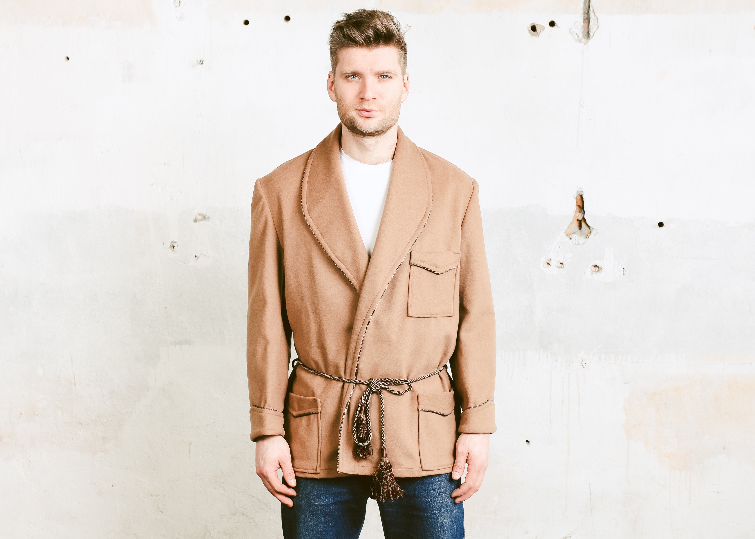 Men Smoking Jacket . Vintage 70s Morning Robe Beige Woolen Robe Hugh Hefner Style Jacket Short 