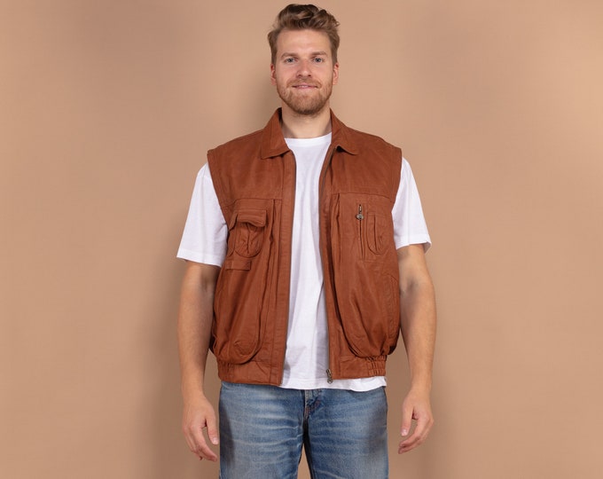 Men Leather Vest, 80's Large Size Vintage Vest, 80's Retro Vest, Vintage Sleeveless Jacket, Camping Vest, Layering Vest, Outdoor Outerwear