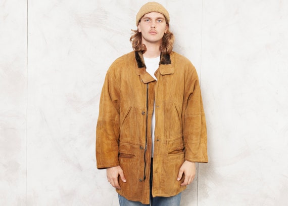 Brown Sheepskin Coat Men Suede Coat Vintage 80s Me