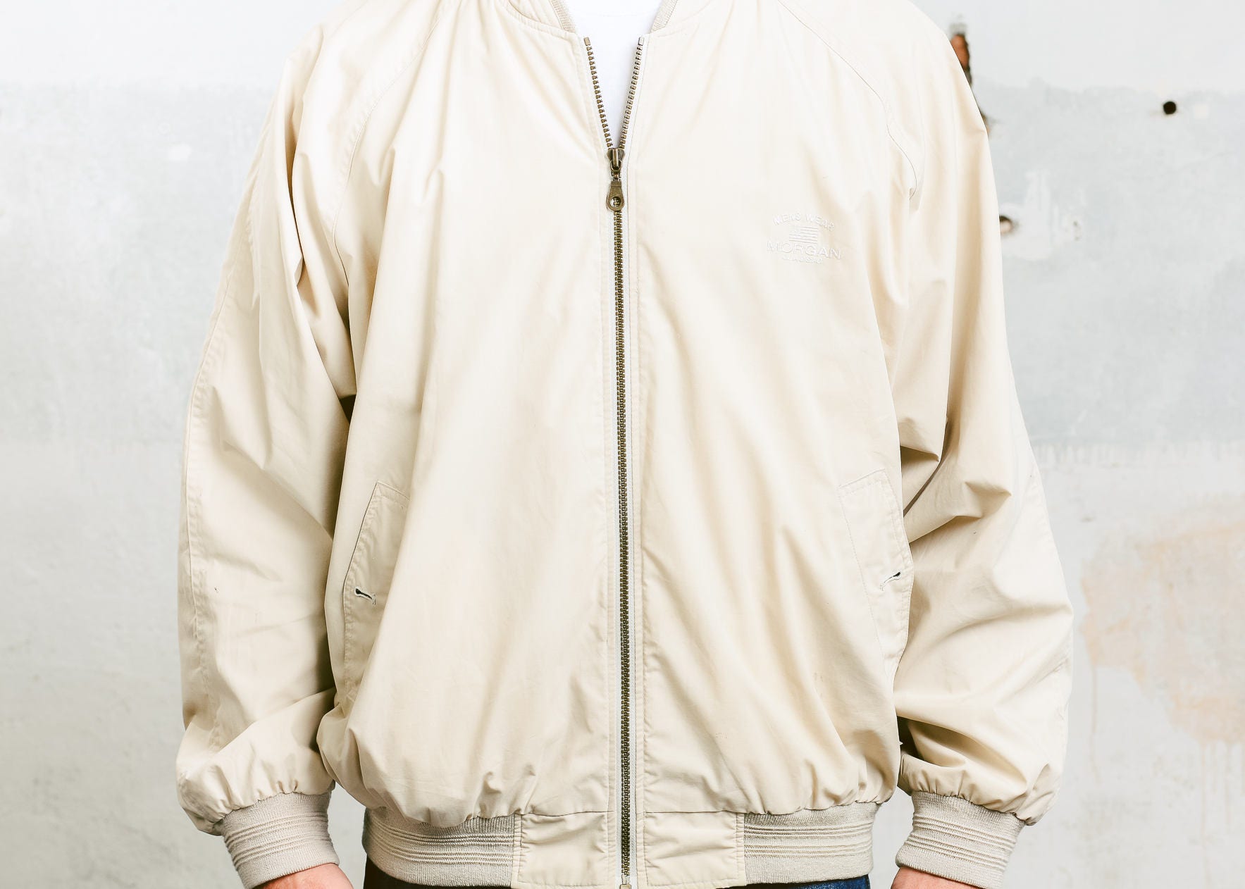 Mens BOMBER Jacket . Vintage 80s Beige Flight Aviator Jacket 90s Grunge ...