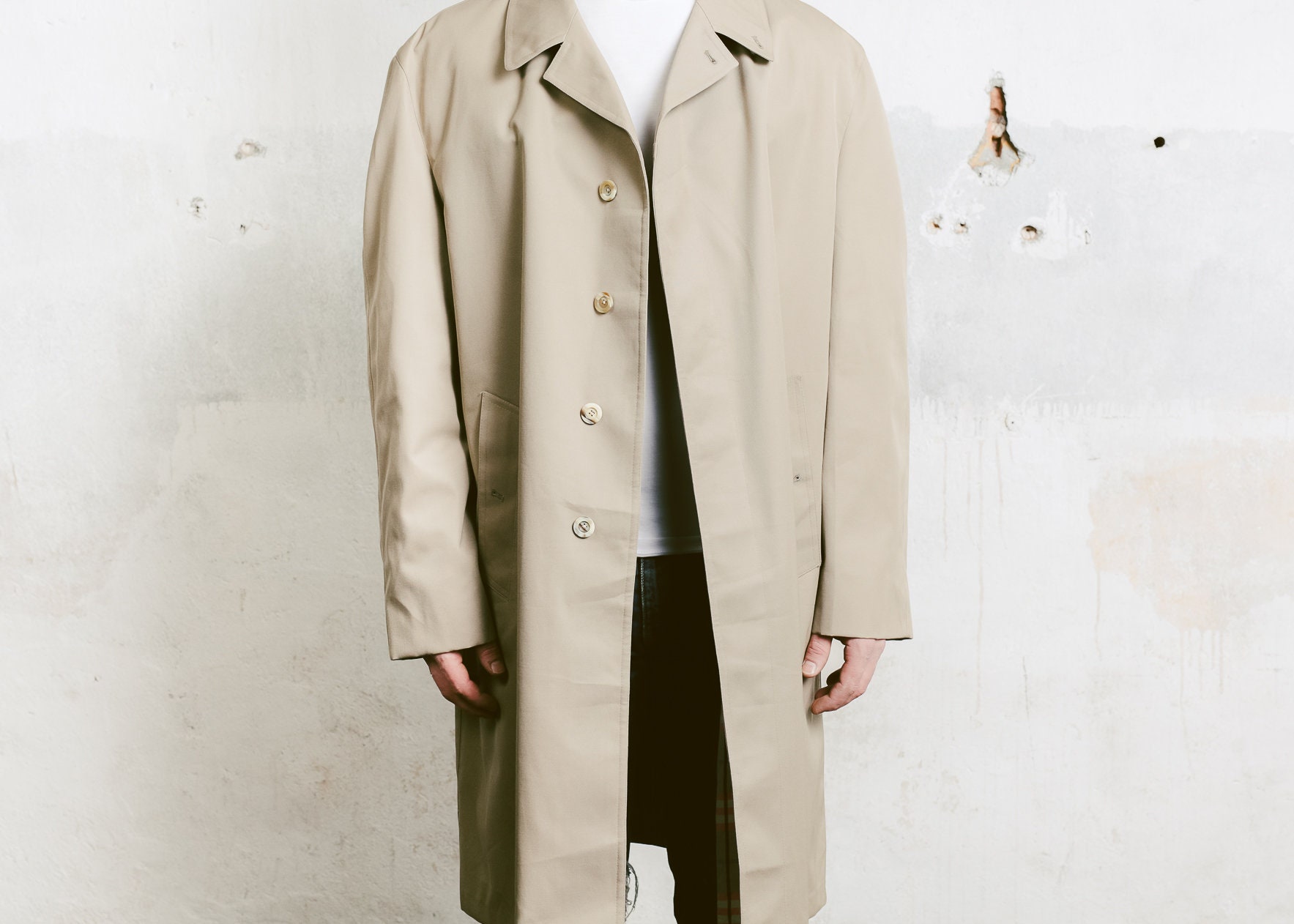 Beige Men Long Coat . Mens 80s Duster Coat Vintage Detective Rain Coat