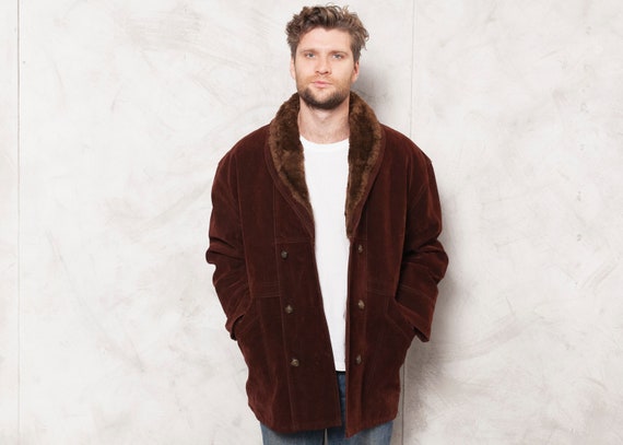 Faux Sheepskin Coat Vintage 90s Men Double Breaste