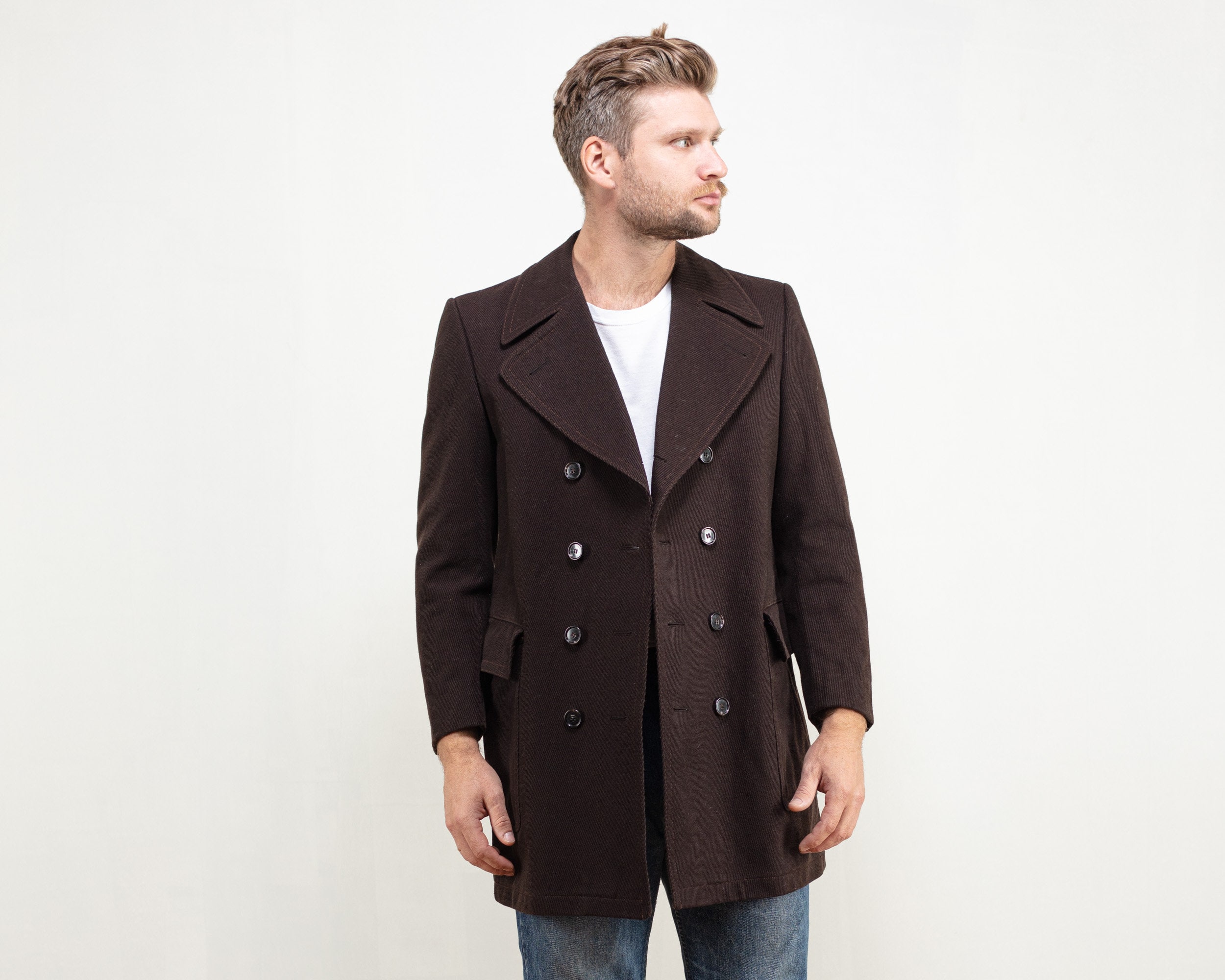 Brown Top Coat men vintage 70s casual stadium coat formal mid coat