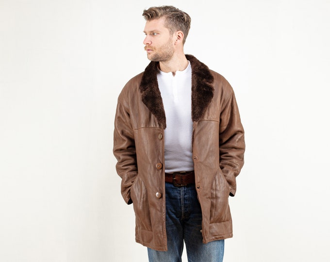 70's Men Sheepskin Coat brown vintage 1970's coat western coat shearling mens coat winter overcoat vintage clothing size medium m