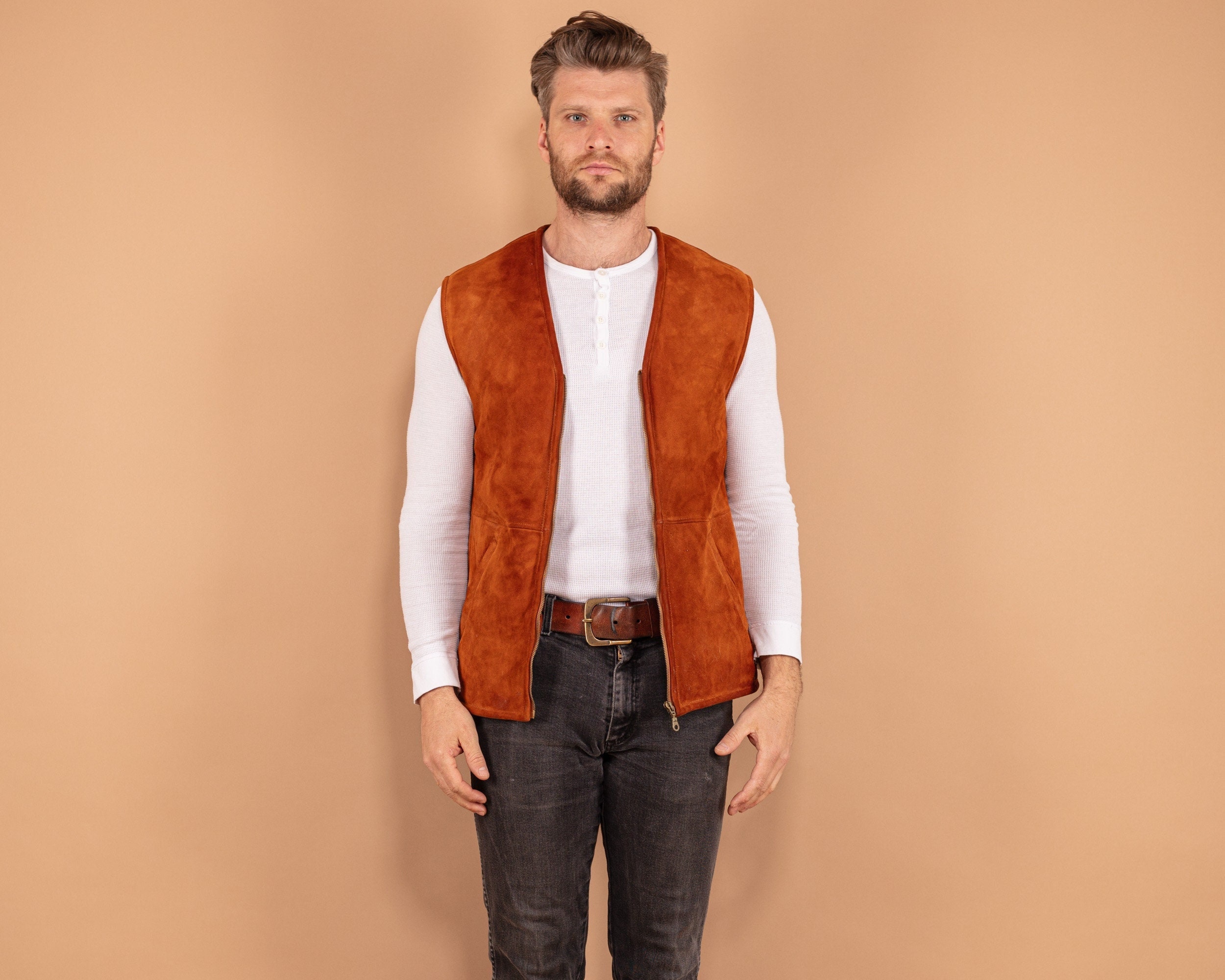Gilet homme en peau de mouton gilet taille M gilet en peau de mouton marron pour homme vintage gilet d hiver zippe boheme veste sans manches en peau de mouton vetements pour hommes