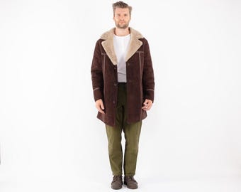 Sheepskin Men's Coat 70's, Size L Vintage Western Shearling Coat, Retro Suede Coat, Western Boho Apparel, Brown Overcoat, 70s Men Outerwear