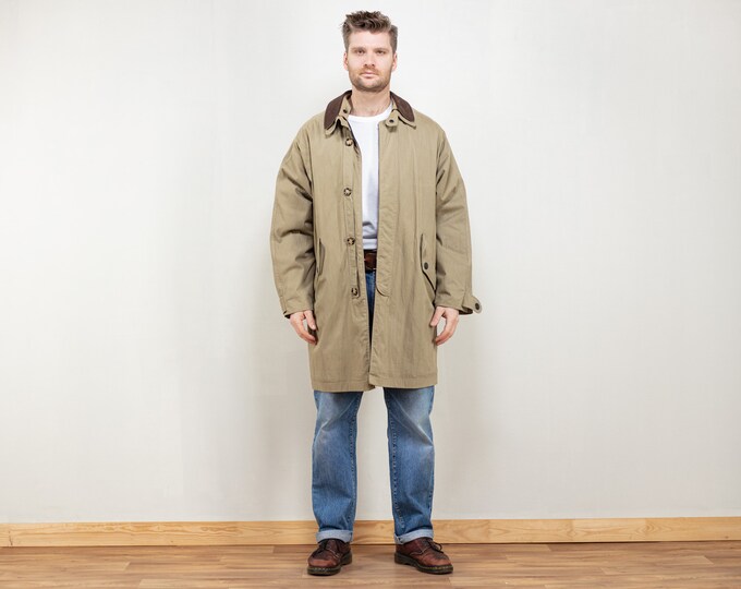 Men Mac Coat vintage 80s beige trench coat spring duster coat leather collar light long jacket betamenswear casual outerwear size large