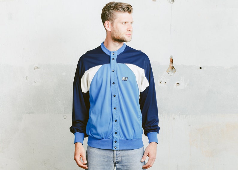 Medium Large Vintage TRACK Jacket 90s Men/'s Retro Sportswear Activewear Colourblock Rave Jacket Blue Snap Button Athleisure Bomber