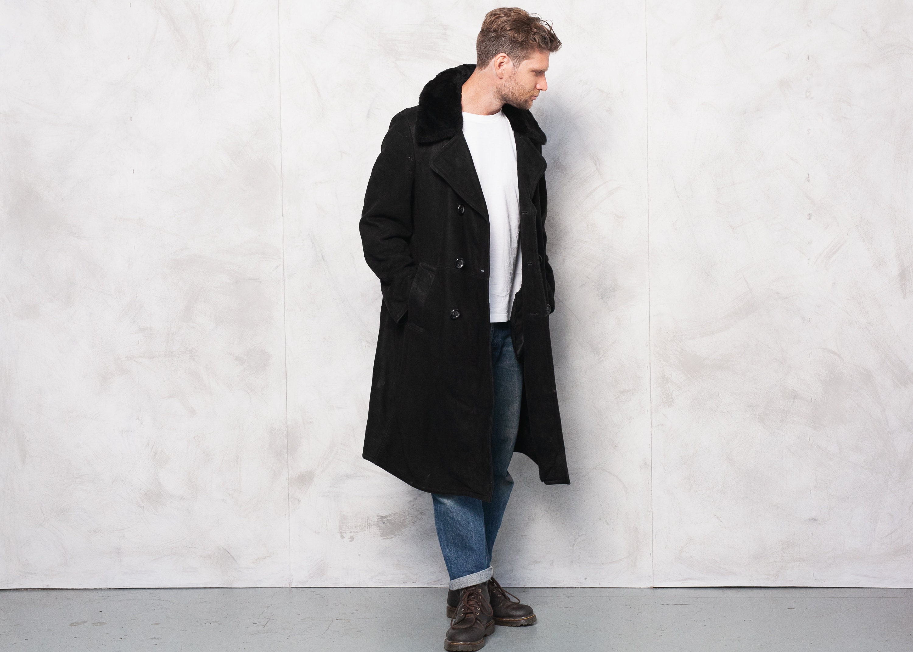 Vintage 70s Sheepskin Coat . Men's Black Shearling Coat Sheep Fur Coat ...