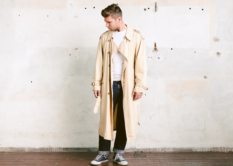 Men Beige Trench Coat 1990s Vintage Light Autumn Mac Coat Men/'s Overcoat Belted Rain Mac Duster Coat size Extra Large XL