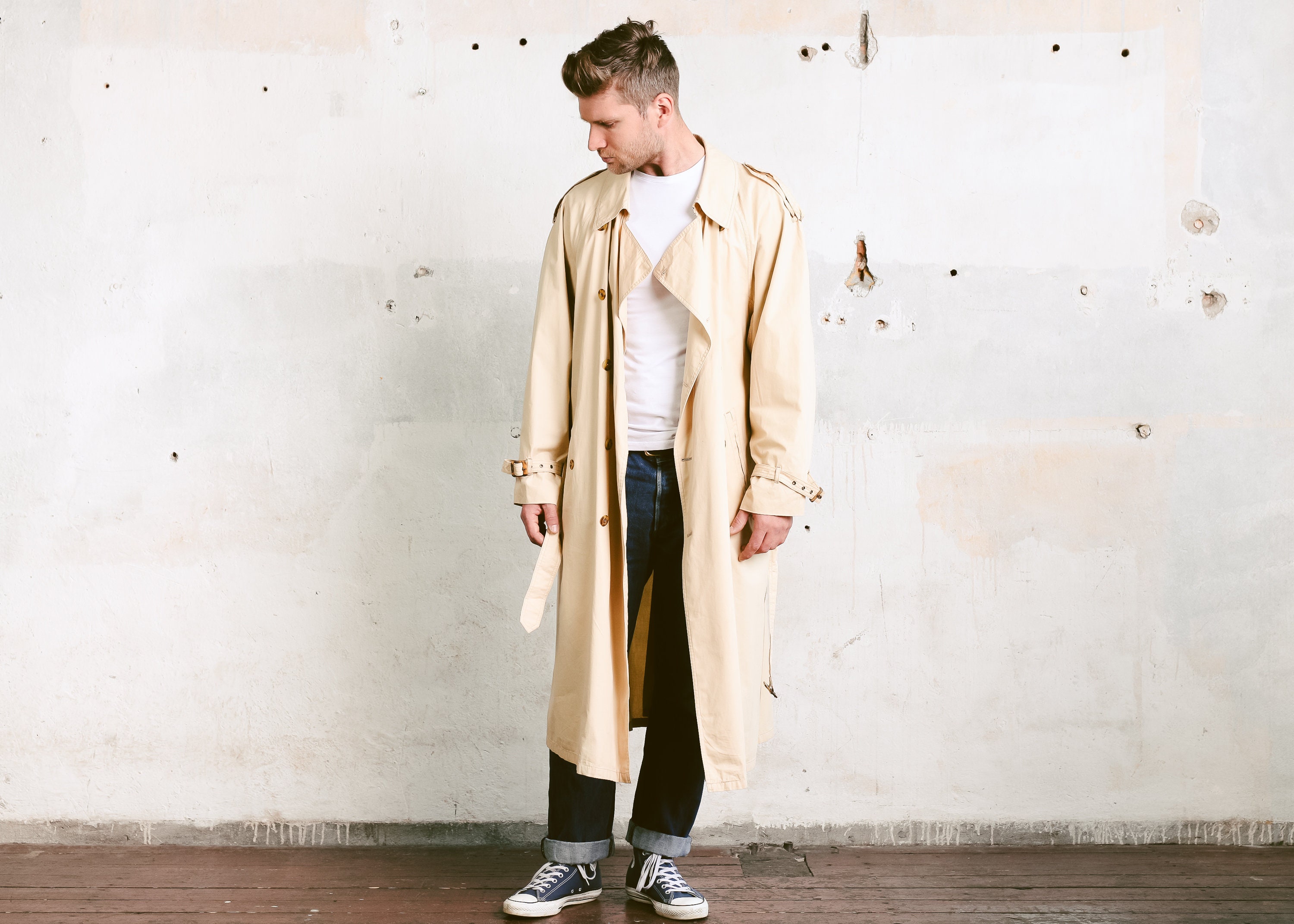 Men Beige Trench Coat . 1990s Vintage Light Autumn Mac Coat Men's ...